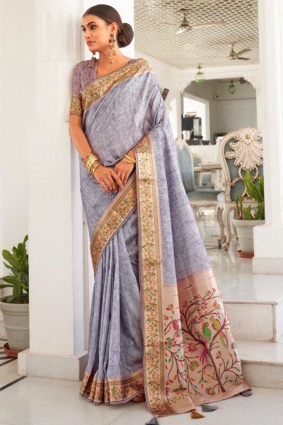 Dusty Lavender Silk Printed & Woven Paithani Saree