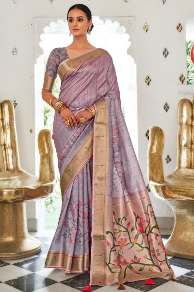 Lavender Silk Printed & Woven Paithani Saree