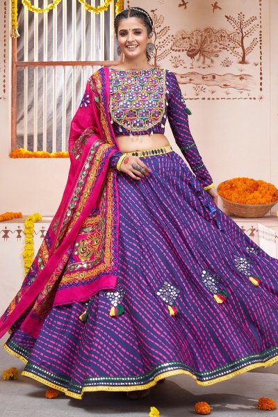 Ready To Wear Navy Blue Printed & Embroidered Rayon Lehenga Set For Navratri With Belt