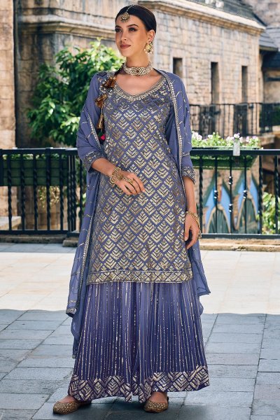 Ready To Wear Dusty Blue Georgette Embroidered Kurta Set With Sharara