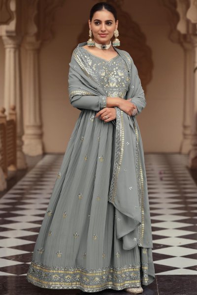Ready To Wear Grey Georgette Embroidered Anarkali Dress With Dupatta