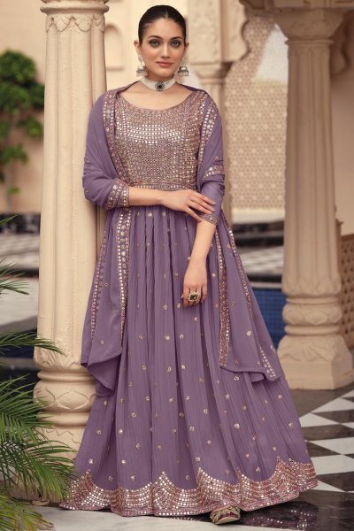 Ready To Wear Light Purple Georgette Embroidered Anarkali Dress With Dupatta