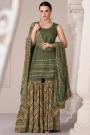Forest Green Silk Embroidered & Printed Kurta Set With Sharara