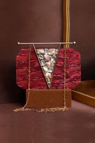 Deep Red Acrylic Embellished Statement Clutch Bag