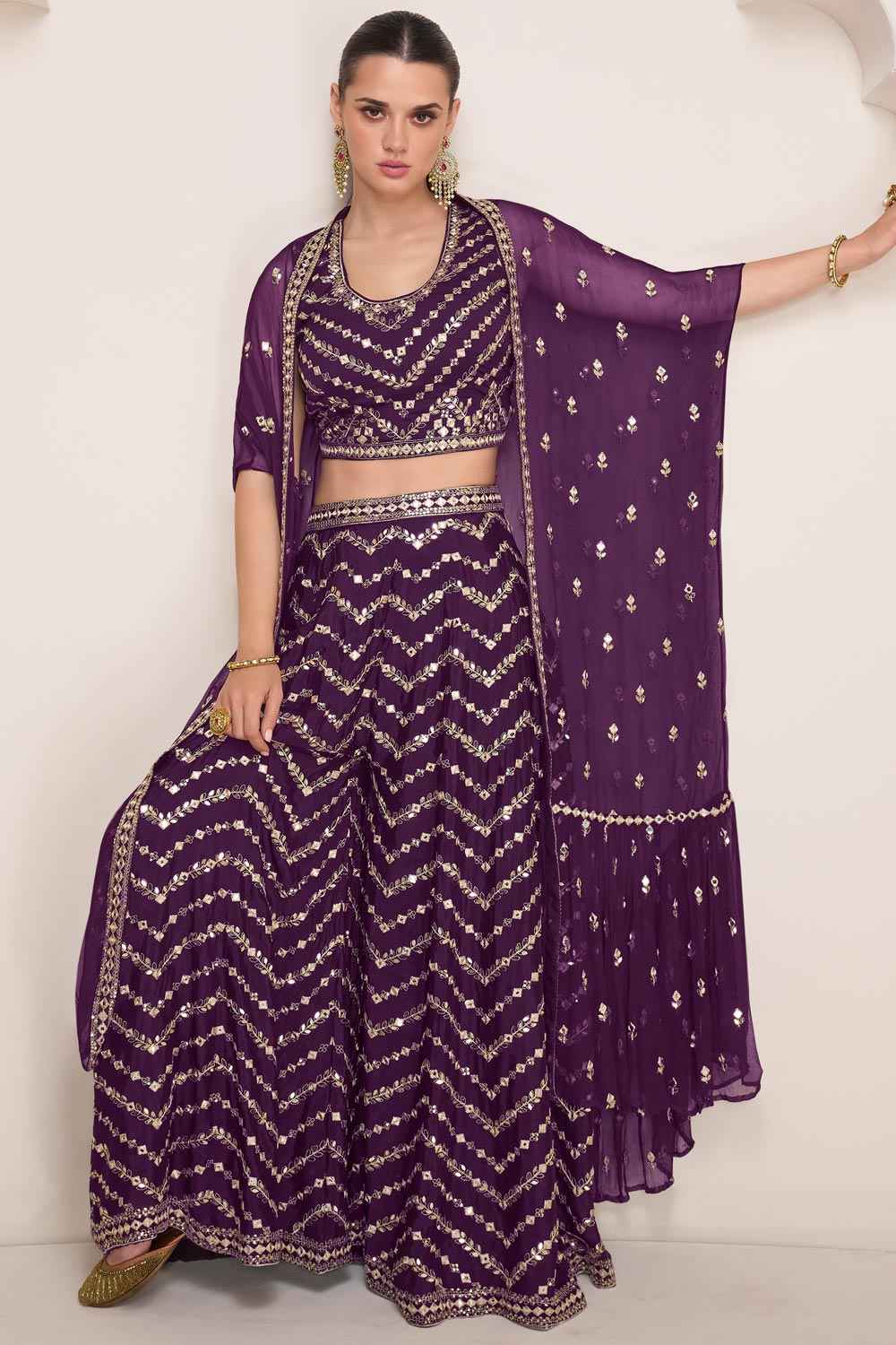 3SP-9B-Purple - 3PC COTTON EMBROIDERED Dress With Chiffon Embroidered Dupatta