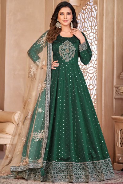 Dark Green Silk Embroidered Anarkali Dress