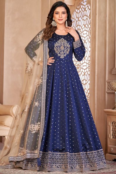 Navy Blue Silk Embroidered Anarkali Dress