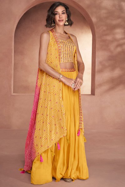 Yellow pink Silk Embroidered Indo-Western Top & Skirt With Cape