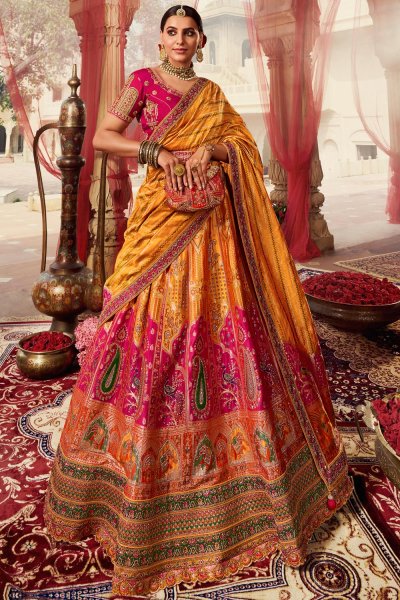 Mustard, Pink & Multicolor Banarasi Silk Embroidered Lehenga Set With Belt & Bag