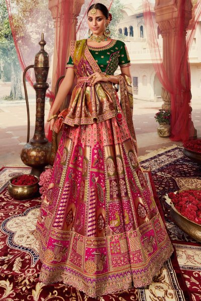 Pink & Multicolor Banarasi Silk Embroidered Lehenga Set With Belt & Bag