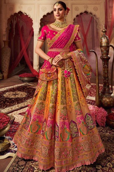 Pink, Yellow & Multicolor Banarasi Silk Embroidered Lehenga Set With Belt & Bag