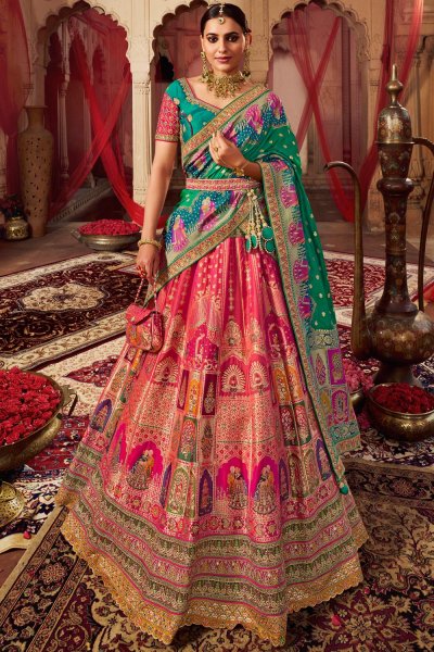 Pink, Aqua & Multicolor Banarasi Silk Embroidered Lehenga Set With Belt & Bag