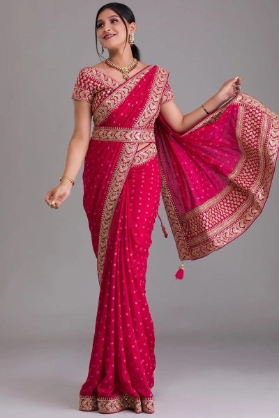 Deep Pink Georgette Bandhani Embroidered Saree