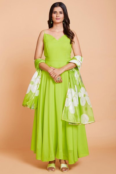 Ready To Wear Green Georgette Dress With Organza Dupatta