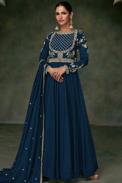 Prussian Blue Embroidered Silk Anarkali Dress With Dupatta