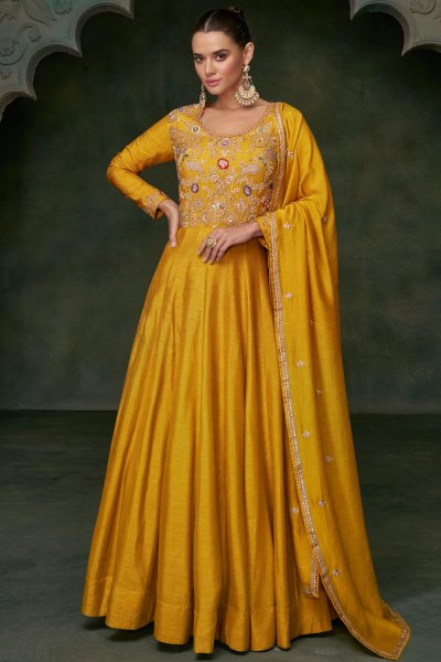 Mustard Embroidered Silk Anarkali Dress With Dupatta & a matching waist belt