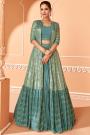 Dusty Teal Georgette Embroidered Top & Skirt Set With Long Cape