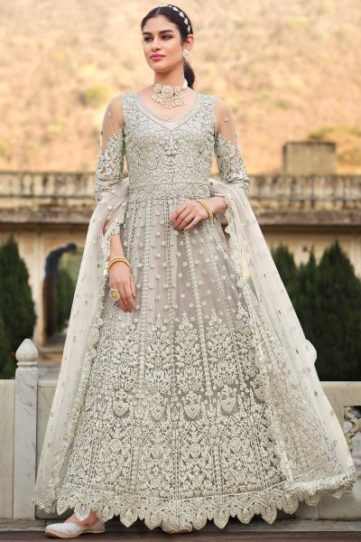 Light Silver Grey Net Embroidered Anarkali Dress