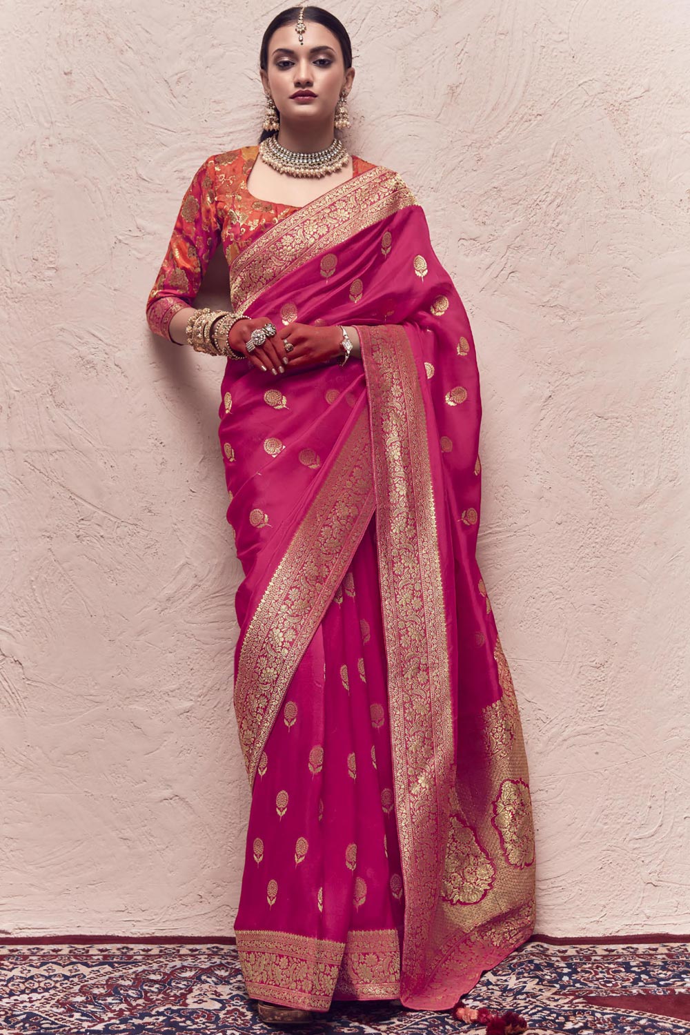 Pink and Gold Zari Woven Silk Saree