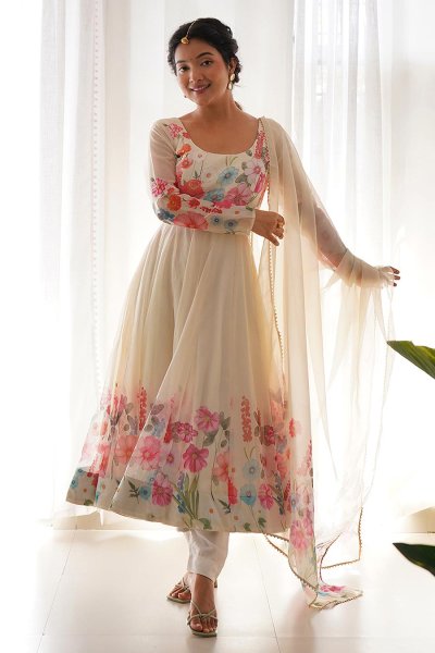 Ready To Wear Ivory Organza Silk Multicolor Floral Print Anarkali Suit With Bottoms & Dupatta