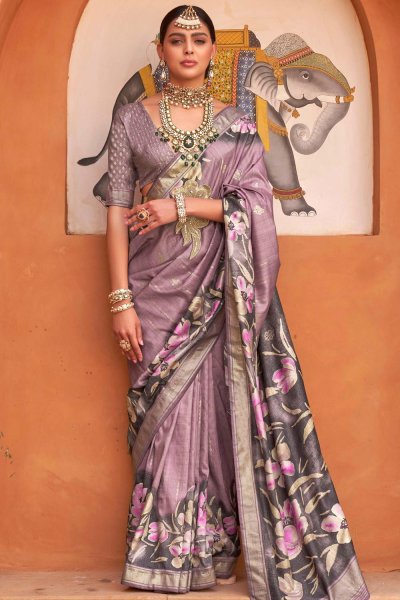 Mauve Silk Printed & Zari Weaved Saree