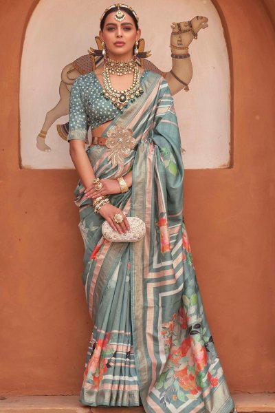 Steel Blue Silk Printed & Zari Weaved Saree