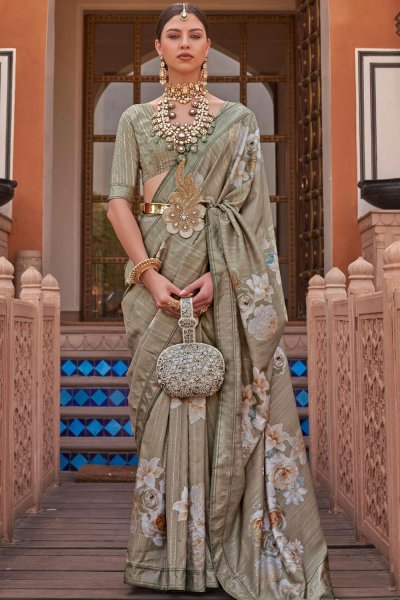 Ecru Silk Printed & Zari Weaved Saree