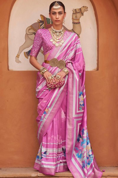 Light Pink Silk Printed & Zari Weaved Saree