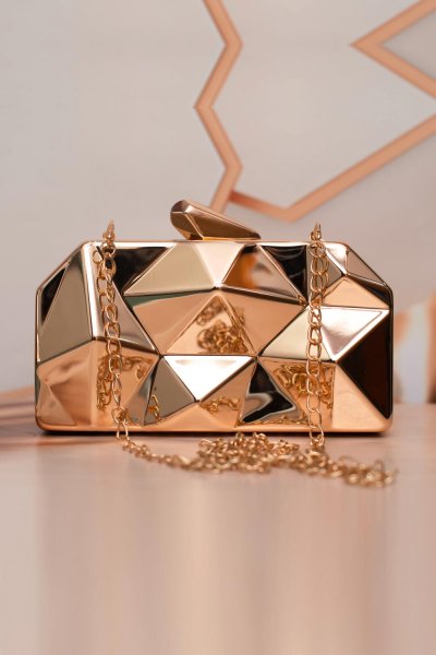 Metallic Abstract Patterned Golden Statement Clutch Bag