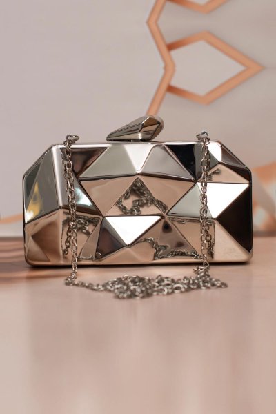Metallic Abstract Patterned Silver Statement Clutch Bag