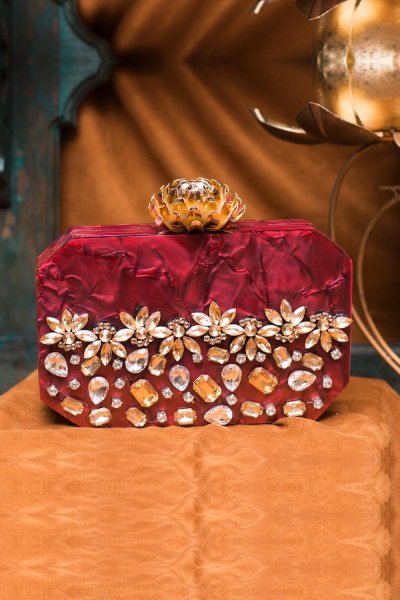 Red Acrylic Embellished Statement Clutch Bag
