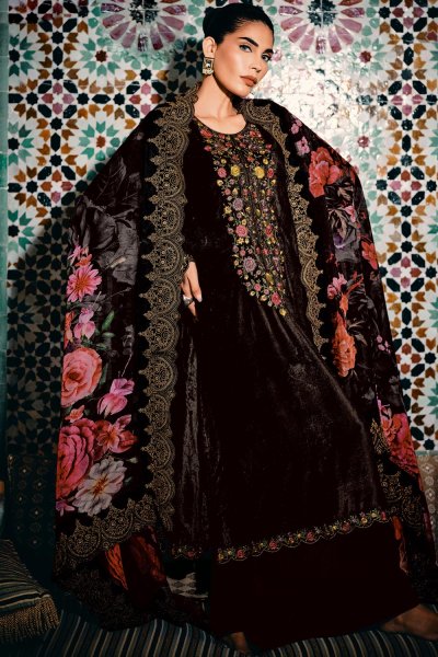 Black Velvet Embroidered Kurta Set With Organza Dupatta & Pashmina Palazzo