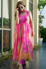 Ready To Wear Pink & Yellow Organza Silk Printed Anarkali Dress With Dupatta