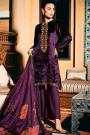 Plum Purple Velvet Embroidered Kurta Set With Organza silk Dupatta & Pashmina Palazzo