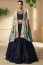 Deep Navy Blue Silk Embroidered Top & Skirt Set with Cape
