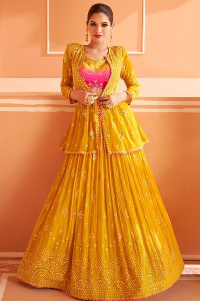 Mustard & Pink Georgette Embroidered Skirt & Satin Silk Top Set With Jacket