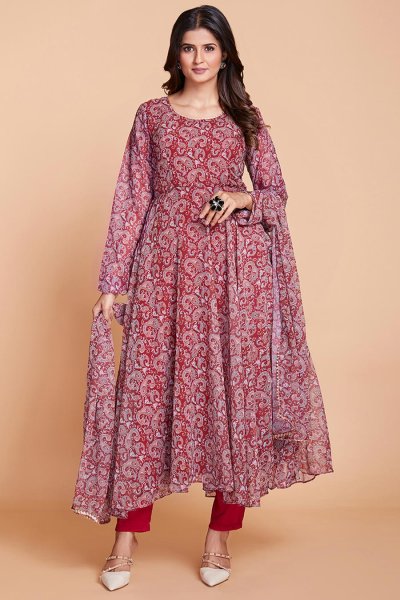 Ready To Wear Maroon Georgette Printed Anarkali Suit With Bottoms & Dupatta