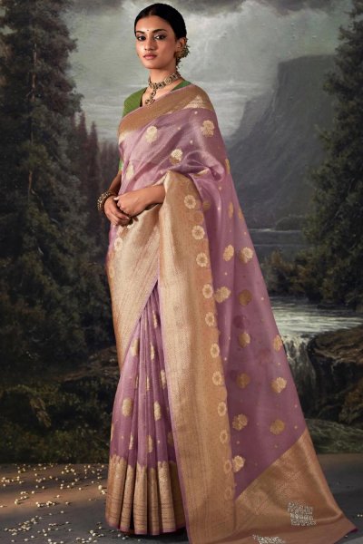 Lilac Organza Silk Zari Weaved Saree