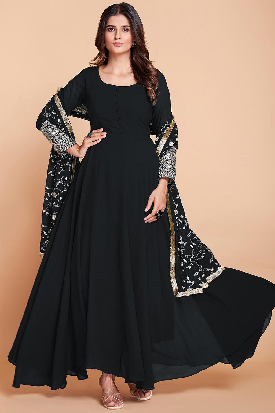Women Black Gota Lace Detail Anarkali Maxi Dress