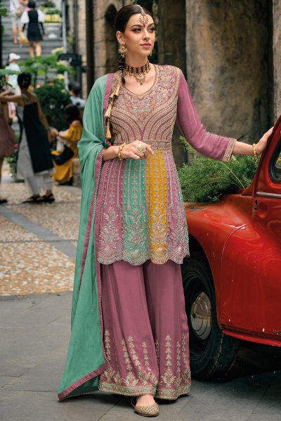 Ready To Wear Dusty Pink & Multicolor Chinon Embroidered Kurta Set With Sharara