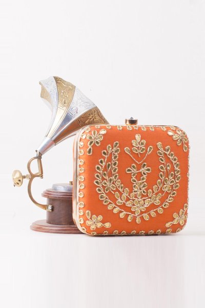Orange Hand Embroidered Elegant Clutch Bag