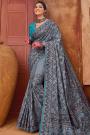 Blue Grey Kutchi Work Banarasi Silk Embroidered Saree