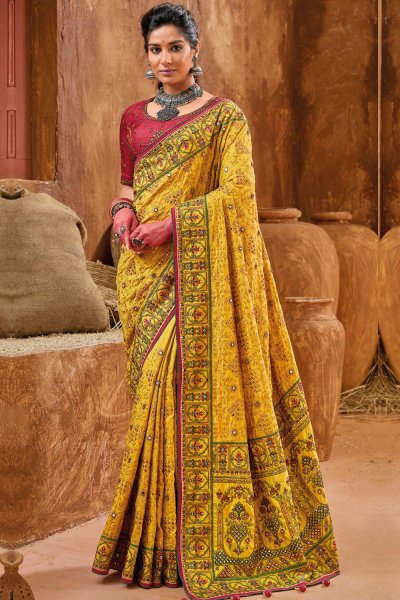 Yellow Kutchi Work Banarasi Silk Embroidered Saree