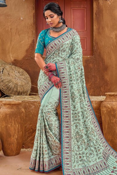 Mint Blue Kutchi Work Banarasi Silk Embroidered Saree