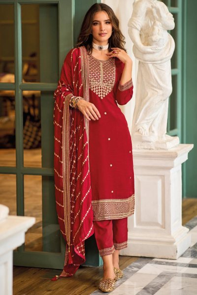 Ready To Wear Red Silk Embroidered Kurta Set
