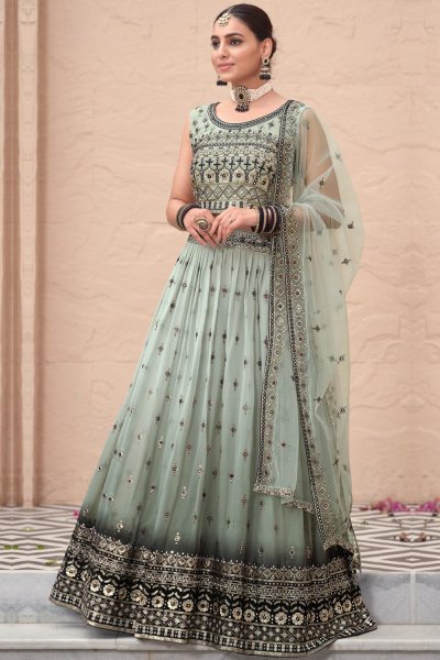 Ready To Wear Sage Green Georgette Embroidered Lehenga Set