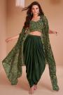 Ready To Wear Forest Green Satin Silk Embroidered Top & Dhoti Pant Set With Organza Cape