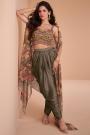 Ready To Wear Taupe Grey Satin Silk Embroidered Top & Dhoti Pant Set With Organza Cape