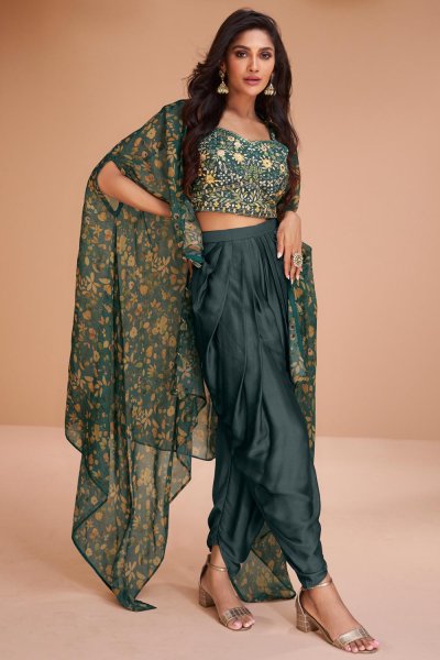 Ready To Wear Deep Teal Satin Silk Embroidered Top & Dhoti Pant Set With Organza Cape