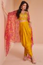 Ready To Wear Yellow Satin Silk Embroidered Top & Dhoti Pant Set With Organza Cape